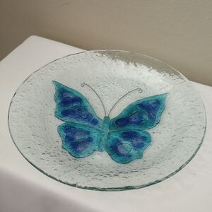 Beautiful Handmade Blue Butterfly Fused Glass Art Display Plate 9.5" Diameter